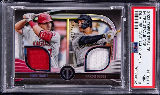 2022 Topps Tribute Mike Trout/Aaron Judge Dual Relics Dual Player #DR2-TJ card image
