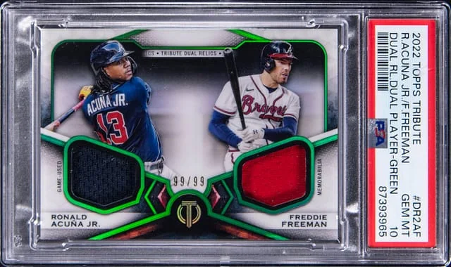 2022 Topps Tribute Ronald Acuna Jr./Freddie Freeman Dual-Patch Dual Relic Dual Player Green #DR2-AF card image