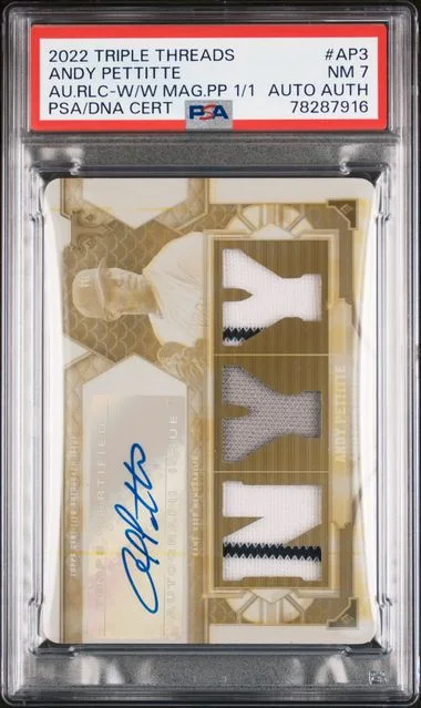 2022 Topps Triple Threads Andy Pettitte Autograph Relics White Whale Yellow Printing Plate 1/1 #AP3 card image