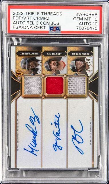 2022 Topps Triple Threads Autograph Relic Combos Arcrvp Dustin Pedroia/Jason Varitek/Manny Ramirez #no-number card image