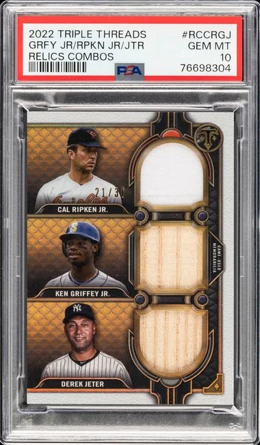 2022 Topps Triple Threads Cal Ripken Jr/Derek Jeter/Ken Griffey Jr Relics Combos #RCCRGJ card image
