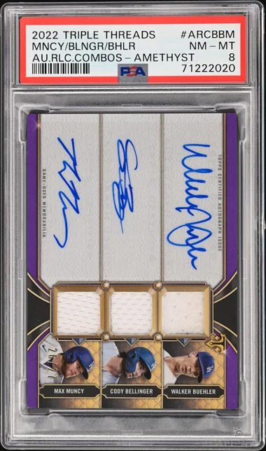 2022 Topps Triple Threads Cody Bellinger/Max Muncy/Walker Buehler Multi-Signed Game-Used Autograph Relic Combos Amethyst #ARC-BBM card image