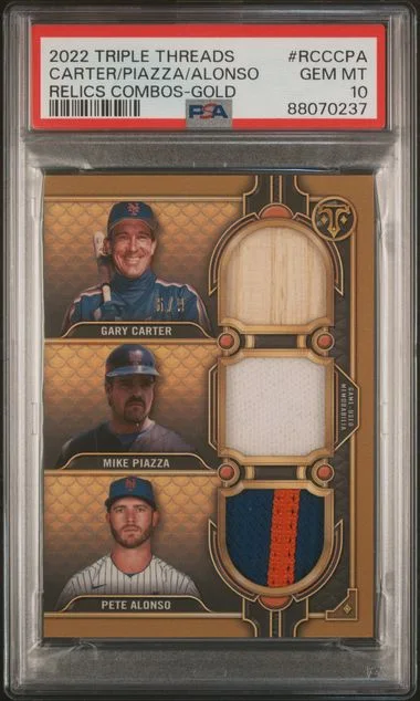 2022 Topps Triple Threads Gary Carter/Mike Piazza/Pete Alonso Relics Combos Gold #RCCCPA card image