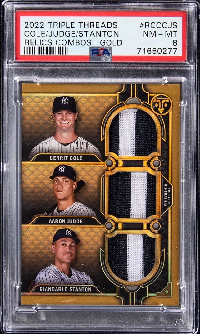 2022 Topps Triple Threads Gerrit Cole/Aaron Judge/Giancarlo Stanton Relics Combos Gold #RCCCJS card image