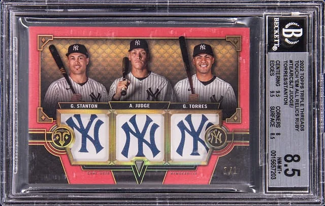 2022 Topps Triple Threads Giancarlo Stanton/Aaron Judge/Gleyber Torres Touch 'Em All Relics Ruby #TEARC-SJT card image