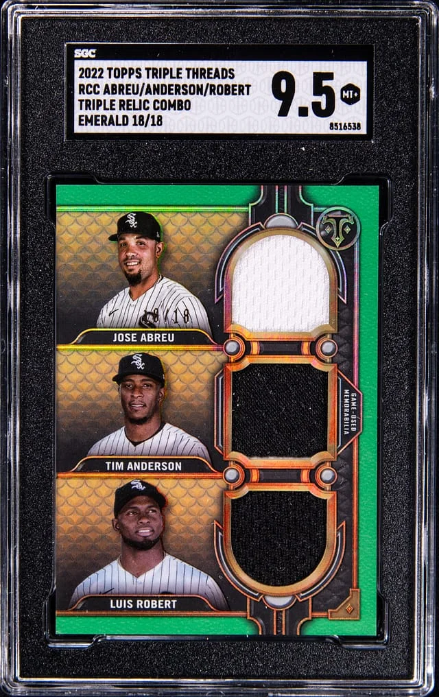 2022 Topps Triple Threads Jose Abreu/Tim Anderson/Luis Robert Triple Relic Combo Emerald #RCC card image
