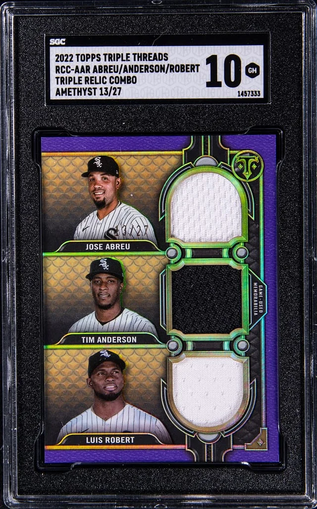 2022 Topps Triple Threads Jose Abreu/Tim Anderson/Luis Robert Triple-Relic Triple Relic Combo Amethyst #RCC-AAR card image
