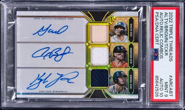 2022 Topps Triple Threads Jose Altuve/Alex Bregman/Kyle Tucker Multi-Signed Autograph Relic Combos #ARC-ABT card image