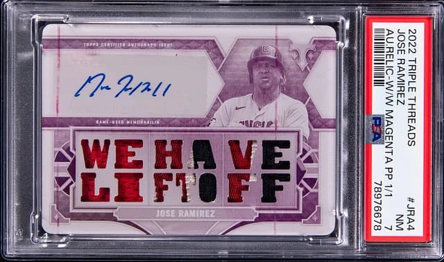 2022 Topps Triple Threads Jose Ramirez Autograph Relic White Whale Magenta Printing Plate #TTAR-JRA4 card image