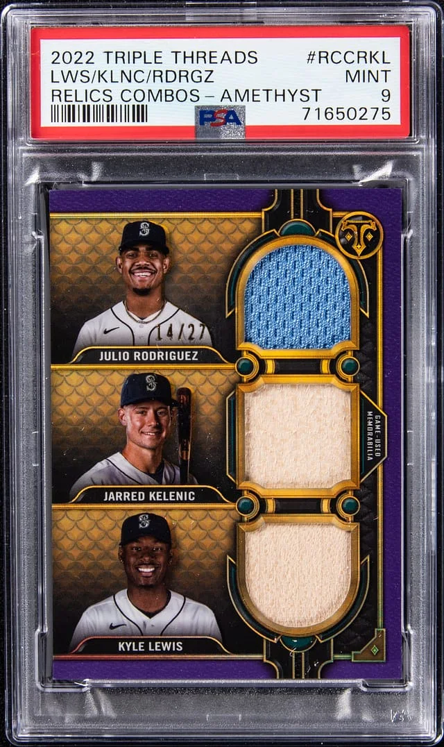 2022 Topps Triple Threads Julio Rodriguez/Jarred Kelenic/Kyle Lewis Relics Combos Amethyst #RCCRKL card image