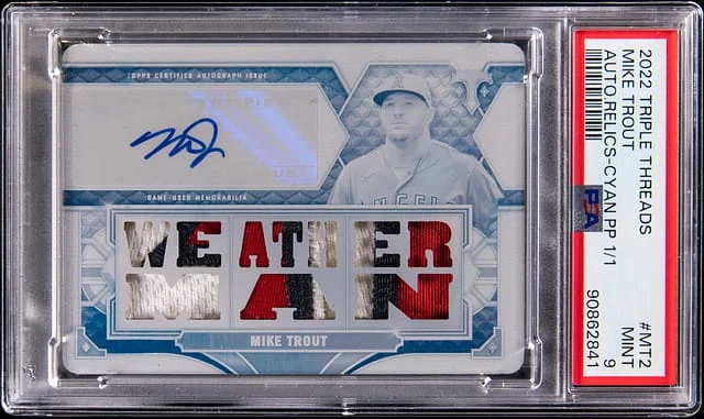 2022 Topps Triple Threads Mike Trout Autograph Relics Cyan Printing Plate #TTAR-MT2 card image