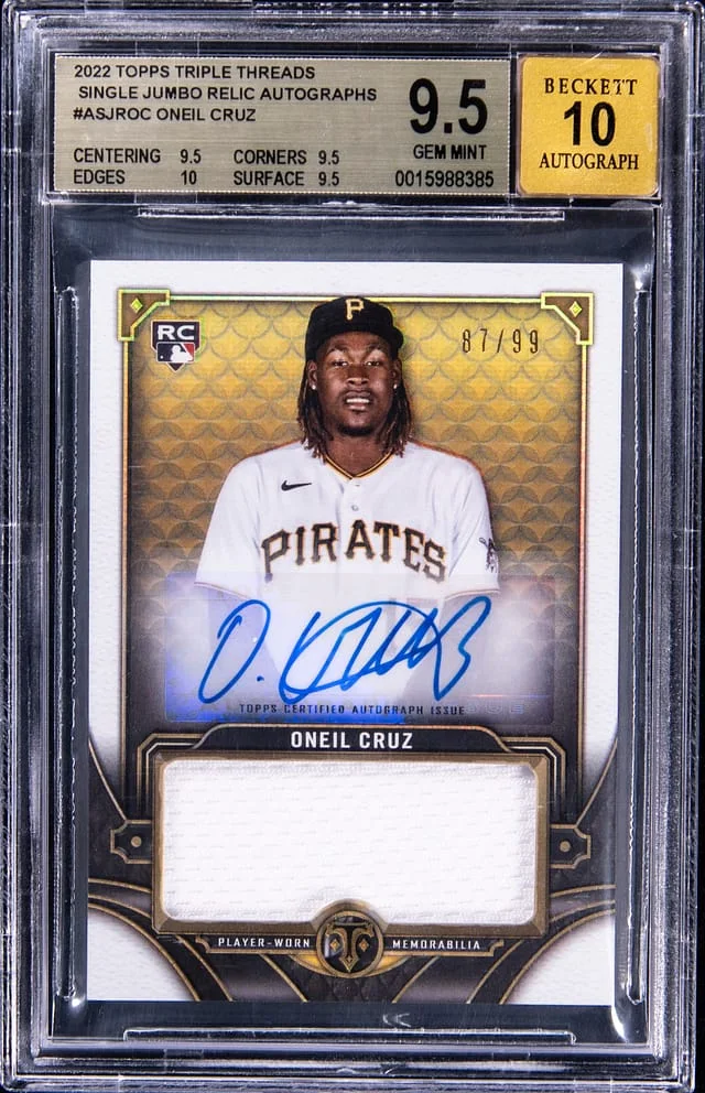 2022 Topps Triple Threads Oneil Cruz Autograph Single Jumbo Relic Ruby #ASJR-OC card image