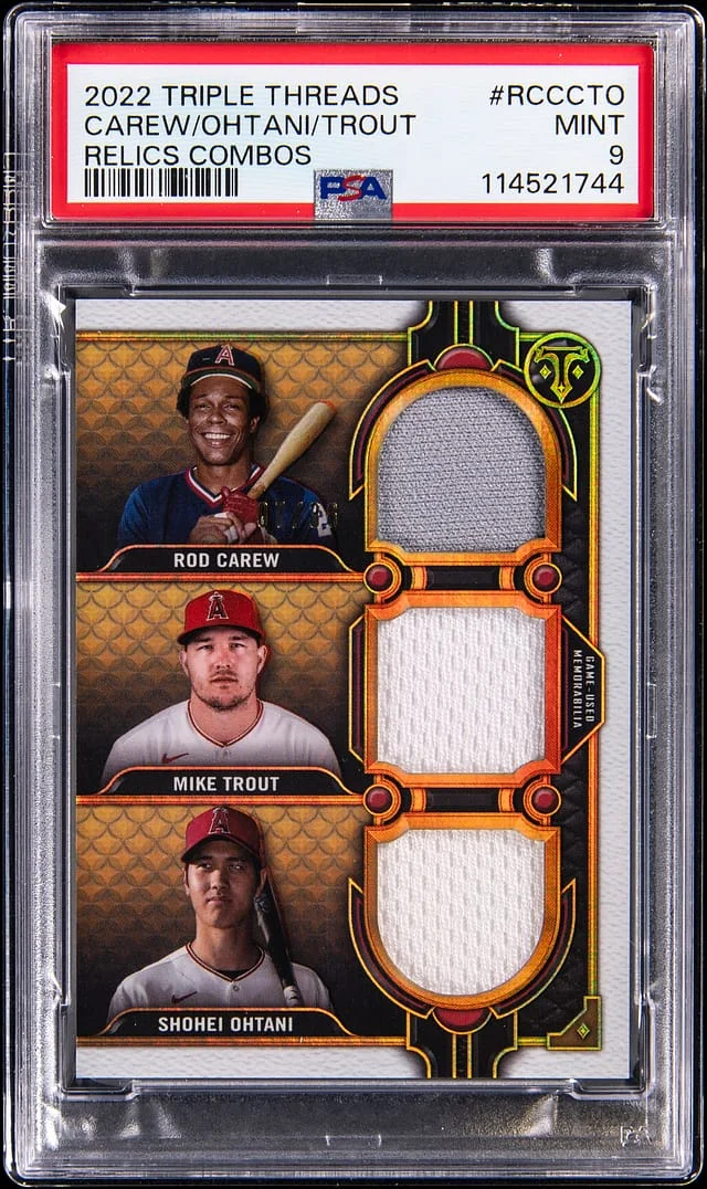 2022 Topps Triple Threads Rod Carew/Mike Trout/Shohei Ohtani Multi-Relic Relics Combos #RCC-CTO card image