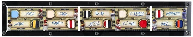 2022 Topps Triple Threads Shohei Ohtani/Mike Trout/Ronald Acuna Jr./Aaron Judge/Juan Soto/Vladimir Guerrero Jr./Pete Alonso/Nolan Arenado/Bryce Harper/Christian Yelich Multi-Signed Game-Used Deca Autographed Relic Combo Book Card Gold #DARCB-5 card image