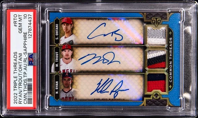 2022 Topps Triple Threads Shohei Ohtani/Nolan Ryan/Mike Trout Multi-Signed Game-Used Common Threads Triple Autograph Relic Card #CTTARC-RTO card image