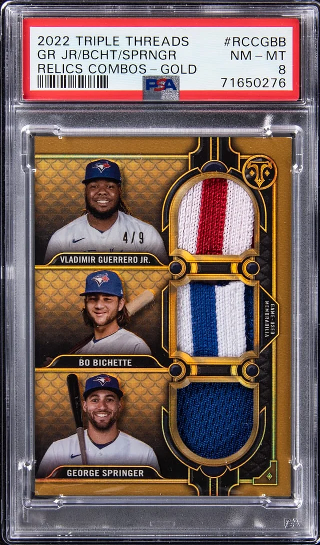 2022 Topps Triple Threads Vladimir Guerrero Jr./Bo Bichette/George Springer Relics Combos Gold #RCCGBB card image