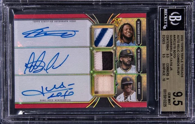 2022 Topps Triple Threads Vladimir Guerrero Jr./Fernando Tatis Jr./Juan Soto Multi-Signed Autograph Relic Combos Ruby #ARC-GTS card image