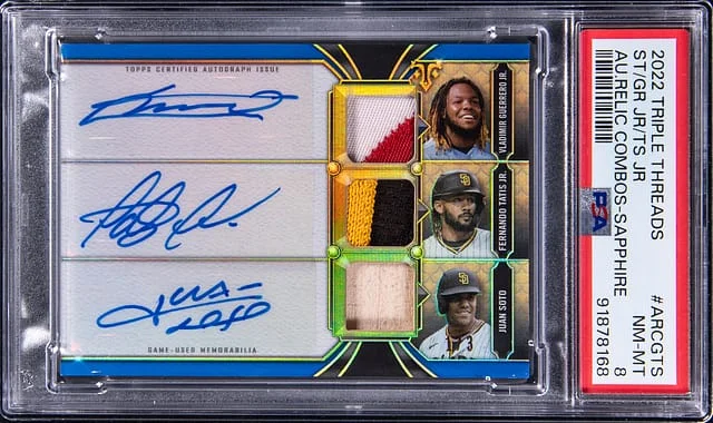 2022 Topps Triple Threads Vladimir Guerrero Jr./Fernando Tatis Jr./Juan Soto Multi-Signed Game-Used Autograph Relic Combos Sapphire #ARC-GTS card image