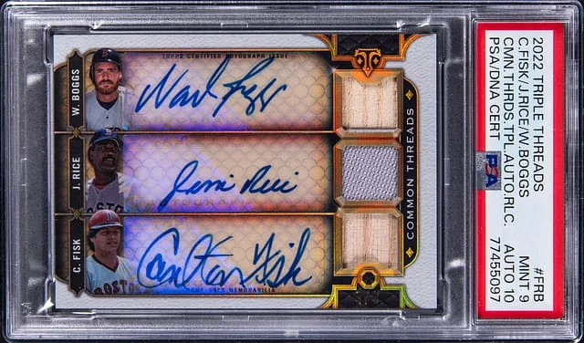 2022 Topps Triple Threads Wade Boggs/Jim Rice/Carlton Fisk Multi-Signed Game-Used Common Threads Three-Player Triple Autograph Relics #FRB card image