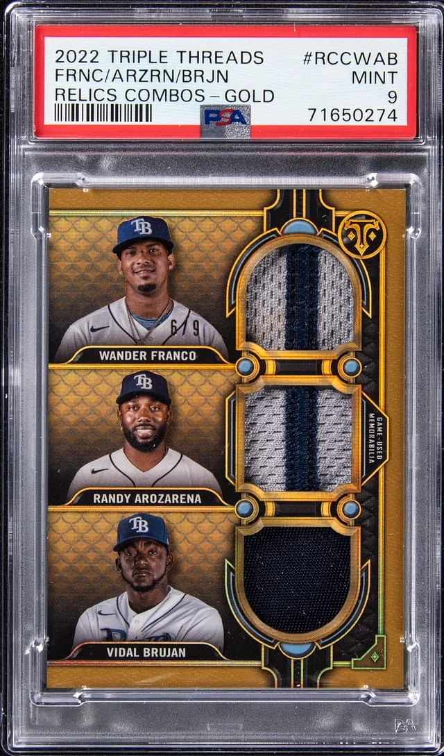 2022 Topps Triple Threads Wander Franco/Randy Arozarena/Vidal Brujan Relics Combos Gold #RCCWAB card image