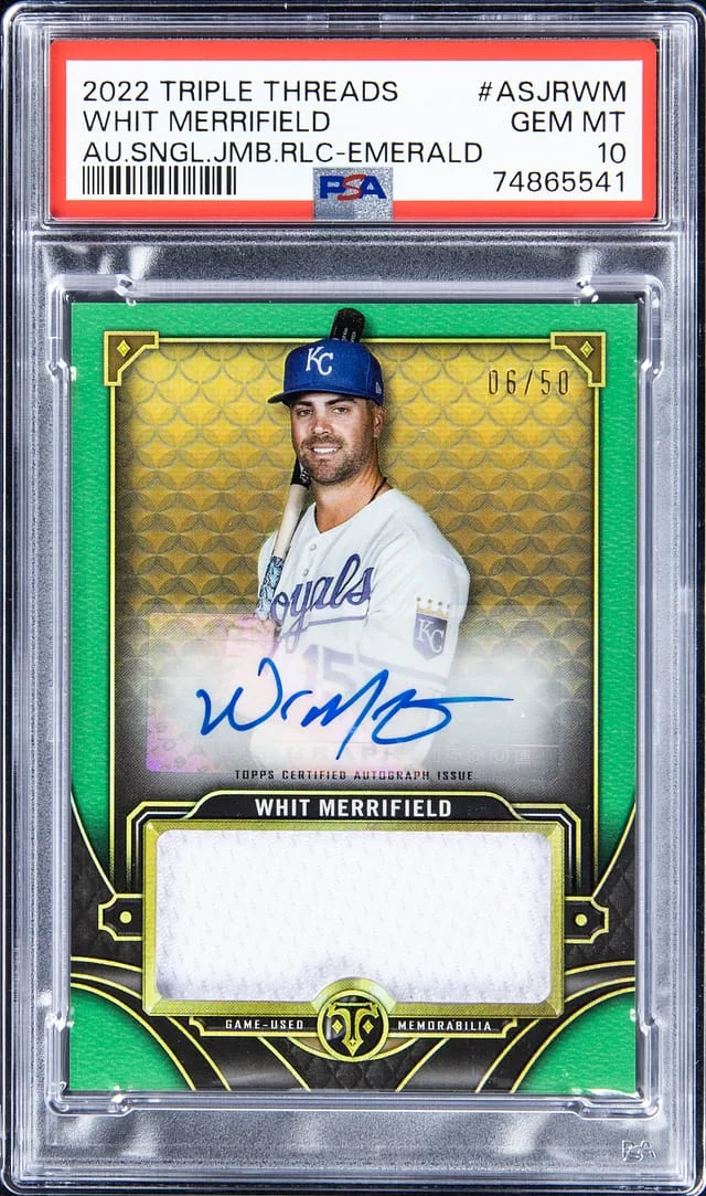 2022 Topps Triple Threads Whit Merrifield Autograph Single Jumbo Relics Emerald #ASJRWM card image