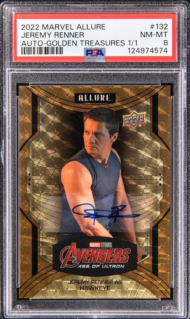 2022 Upper Deck Jeremy Renner as Hawkeye Marvel Allure Autograph Golden Treasures #132 card image