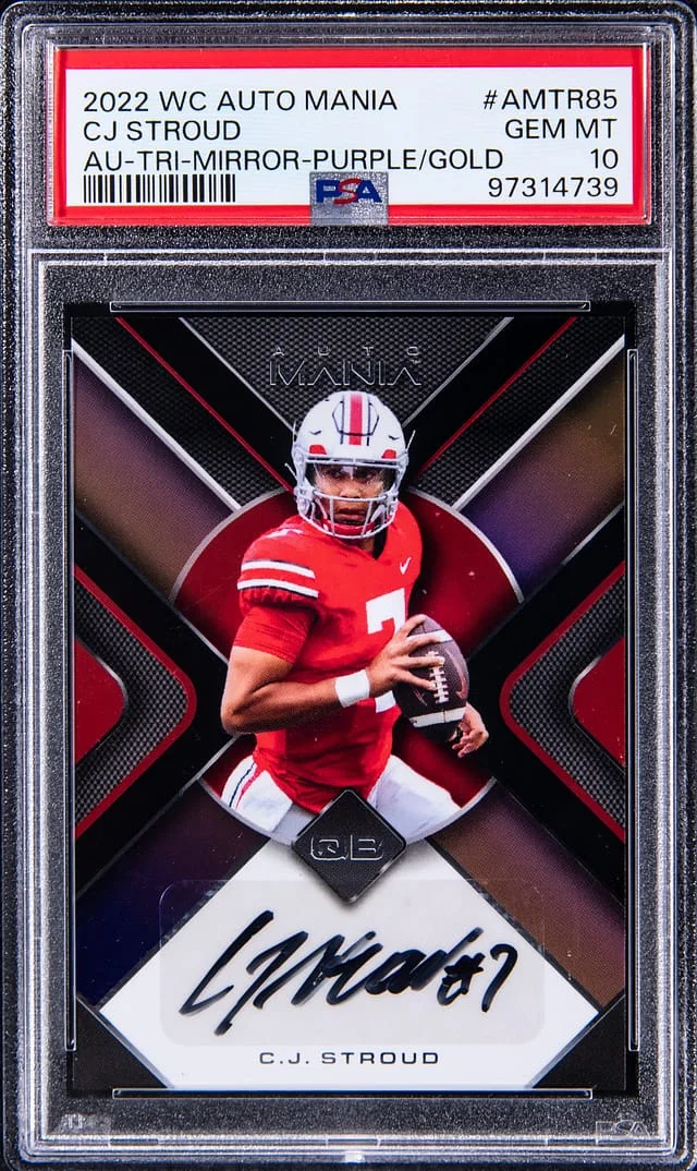 2022 Wild Card Auto Mania Autograph Tri-Mirror Purple/Gold CJ Stroud #AMTR85 card image