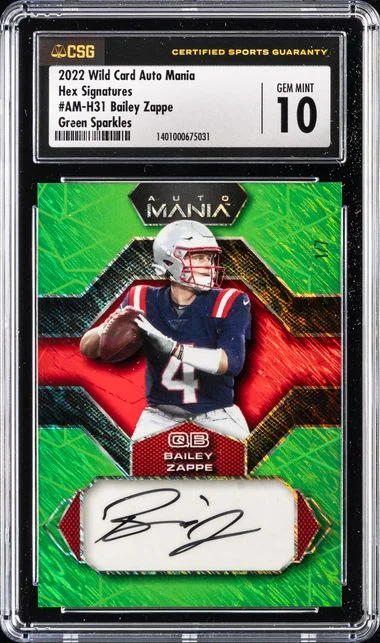 2022 Wild Card Auto Mania Hex Signatures Green Sparkles Bailey Zappe #AM-H31 card image