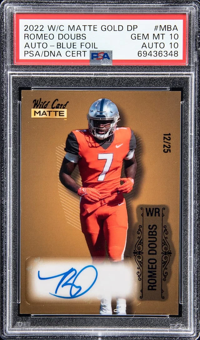 2022 Wild Card Matte Gold Draft Pick Auto Blue Foil Romeo Doubs #MBA card image