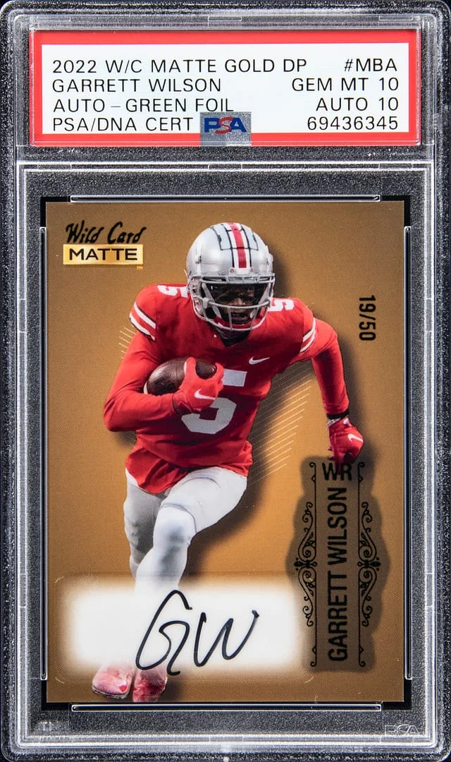 2022 Wild Card Matte Gold Draft Pick Auto Green Foil Garrett Wilson #MBA card image