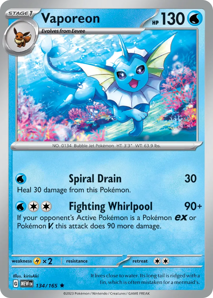 2023 151 Vaporeon #134/165 Rare card image
