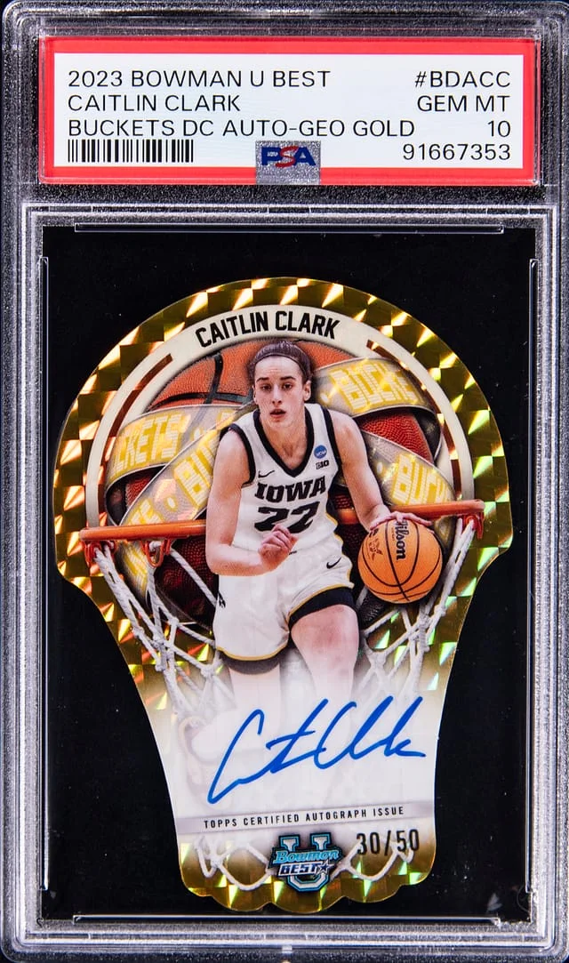 2023-24 Bowman Caitlin Clark U Best Bucket Die Cut Auto Geo Gold #BDA-CC card image