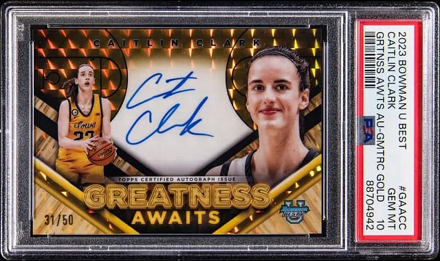 2023-24 Bowman Caitlin Clark U Best Greatness Awaits Autograph Geometric Gold #GAA-CC card image