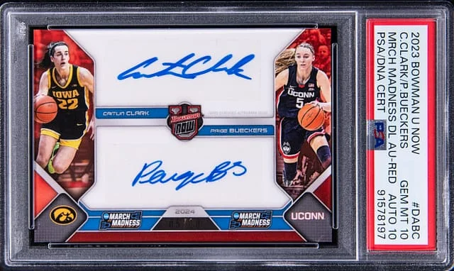 2023-24 Bowman Caitlin Clark/Paige Bueckers U Now March Madness Dual Autographs Purple #DA-BC card image