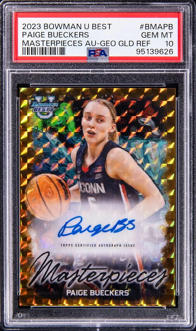 2023-24 Bowman Paige Bueckers U Best Masterpieces Geometric Gold Refractor Auto #BMA-PB card image