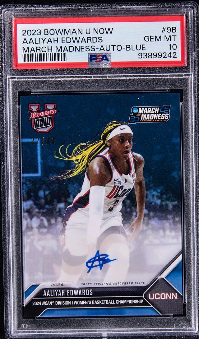 2023-24 Bowman University Aaliyah Edwards Now March Madness Autograph Blue #9B card image