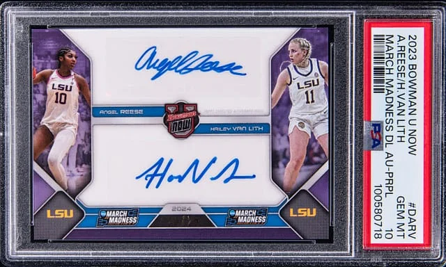 2023-24 Bowman University Angel Reese/Hailey Van Lith Now March Madness Dual Autograph Purple #DA-RV card image
