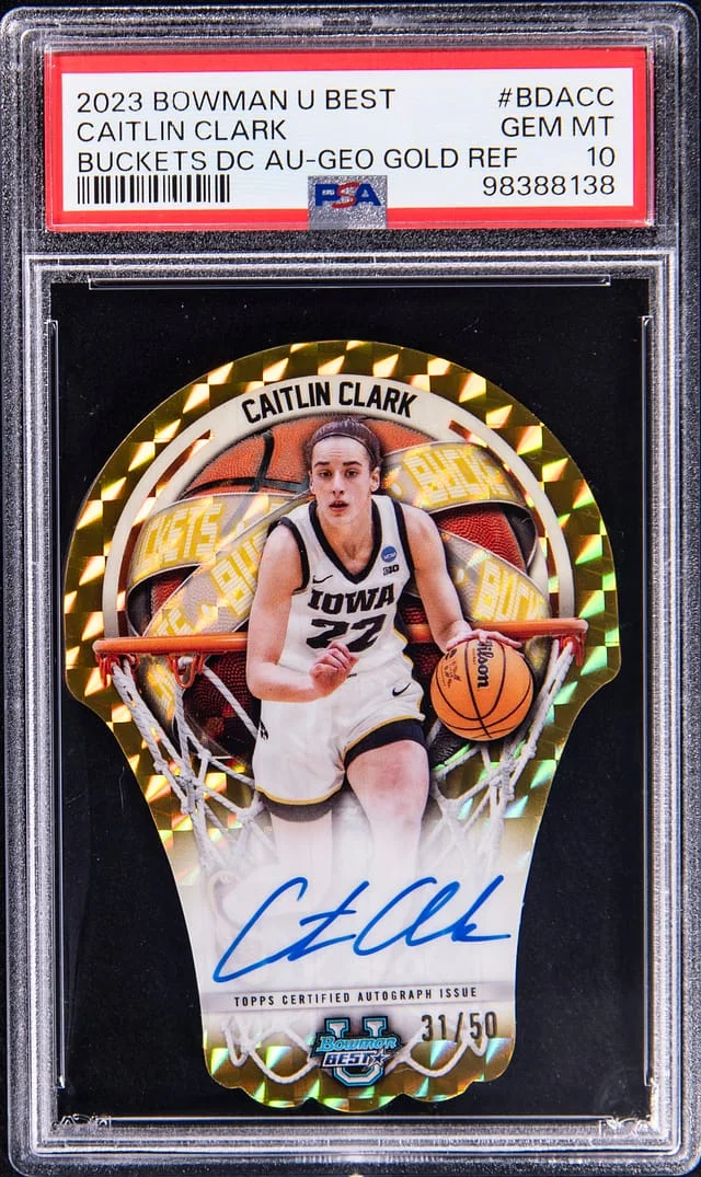 2023-24 Bowman University Best Caitlin Clark Buckets Die-Cut Autographs Geometric Red Refractor #BDA-CC card image