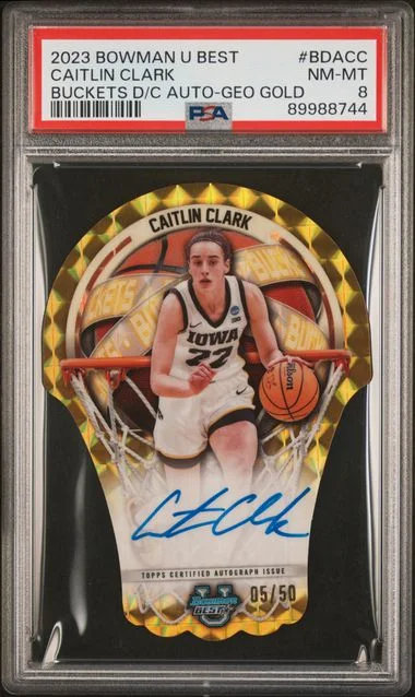 2023-24 Bowman University Best Caitlin Clark Bowman U Buckets Die-Cut Autograph Geometric Gold #BDACC card image