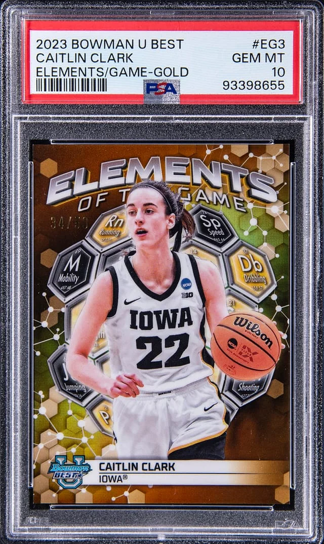 2023-24 Bowman University Best Caitlin Clark Elements of the Game Gold #EG-3 card image