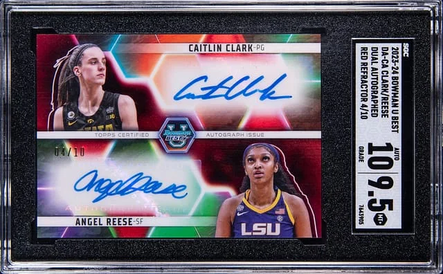 2023-24 Bowman University Best Caitlin Clark/Angel Reese Dual Autographs Red Refractor #DA-CA card image