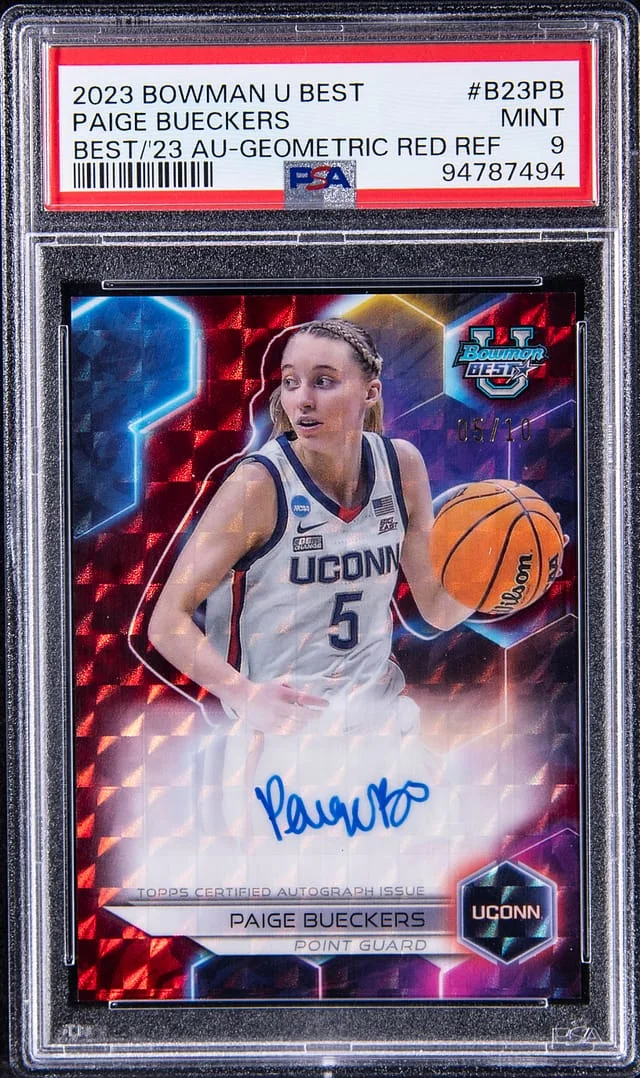 2023-24 Bowman University Best Paige Bueckers 23 Autograph Geometric Red Refractor #B23PB card image