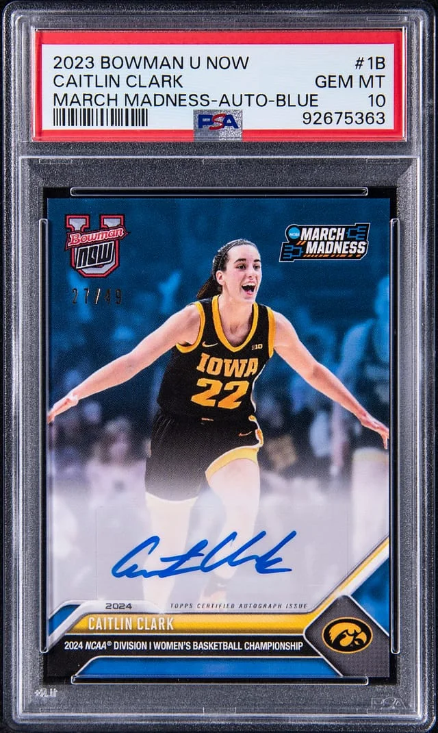 2023-24 Bowman University Caitlin Clark Now March Madness Autograph Blue #1B card image