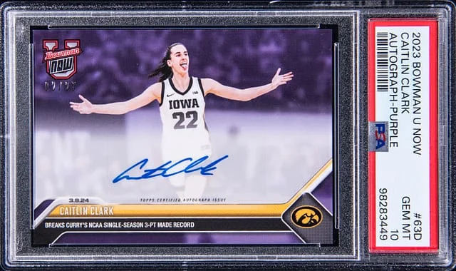 2023-24 Bowman University Caitlin Clark Now Autograph Purple #63D card image