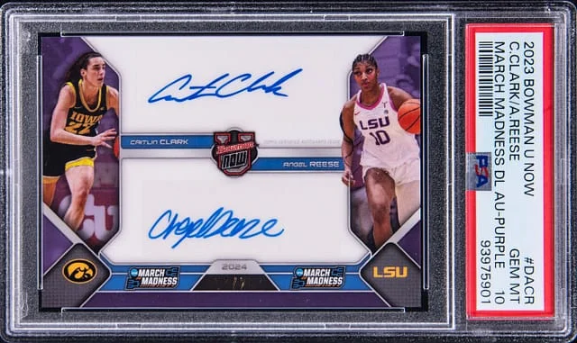 2023-24 Bowman University Caitlin Clark/Angel Reese Now March Madness Dual Autographs Purple #DA-CR card image