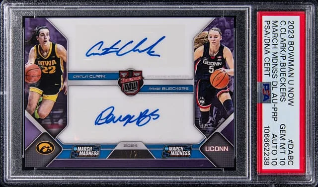 2023-24 Bowman University Caitlin Clark/Paige Bueckers Now March Madness Dual Autograph Purple #DABC card image
