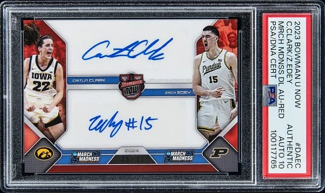 2023-24 Bowman University Caitlin Clark/Zach Edey Now March Madness Dual Autographs Red #DA-EC card image