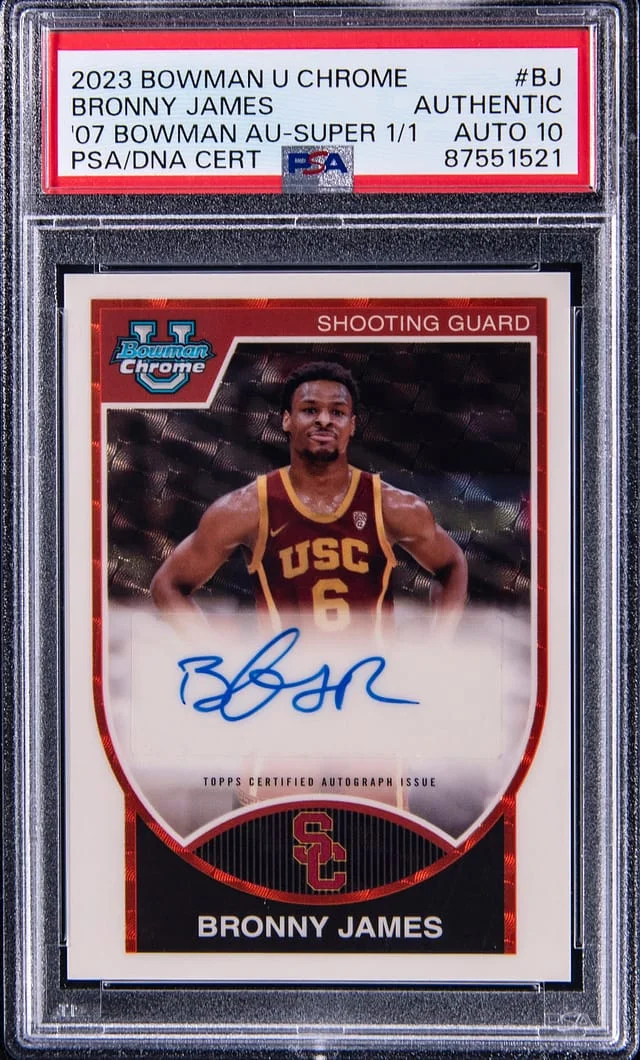 2023-24 Bowman University Chrome Bronny James 07-08 Bowman Autographs SuperFractor #07BA-BJ card image