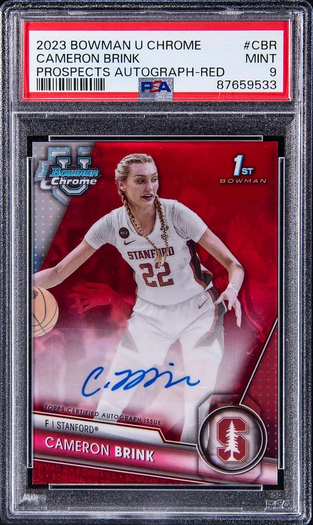 2023-24 Bowman University Chrome Cameron Brink Prospects Autograph Red Refractor #CBR card image