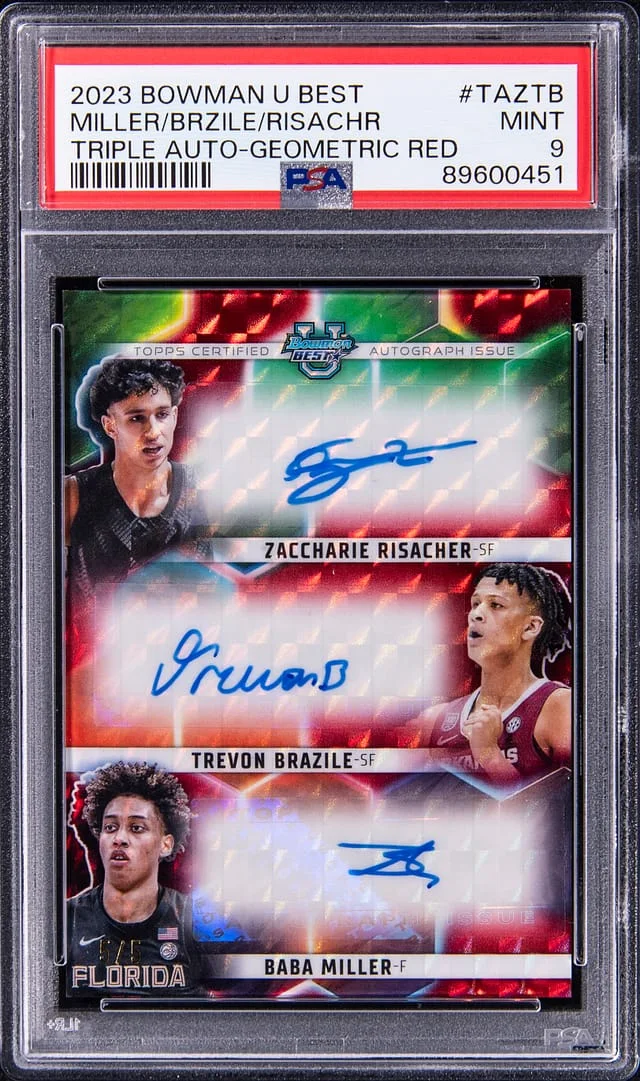 2023-24 Bowman Zaccharie Risacher/Trevon Brazile/Baba Miller Multi-Signed U Best Triple Autograph Geometric Red #TA-ZTB card image